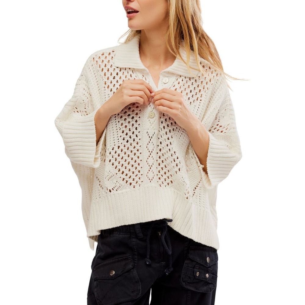 Free People To the Point Open Stitch Crochet Knit Polo Sweater Cream XS